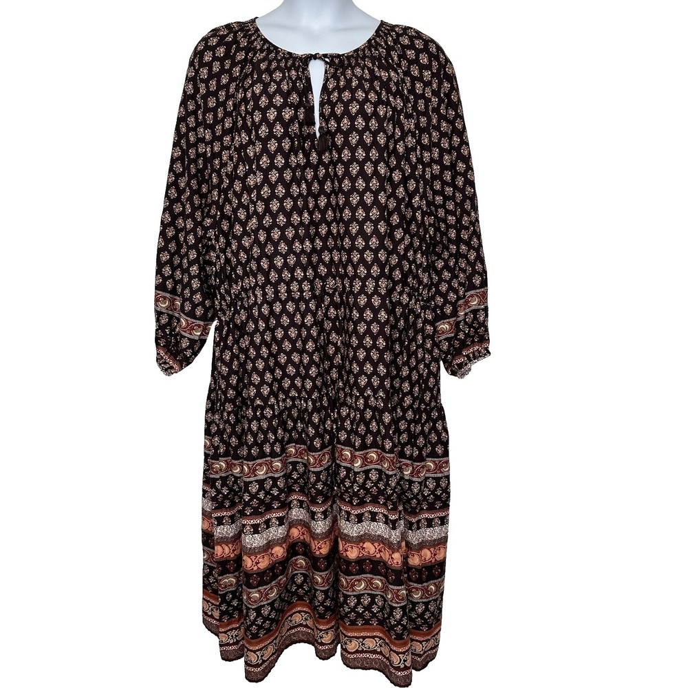 Old Navy Cinched Waist Midi Dress Womens 4X Brown Floral Peasant Prairie Boho